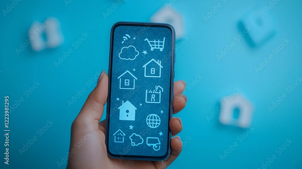 Obraz premium Hand holding smartphone displaying smart home app icons.