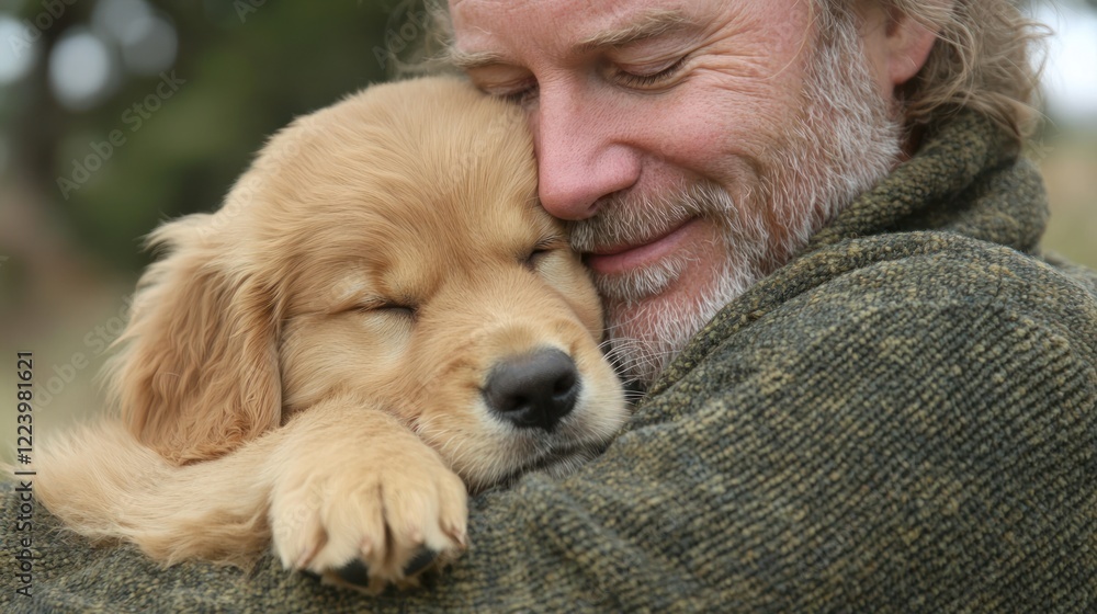 A Golden Retriever puppy cuddled up with its owner, enjoying a moment of affection.