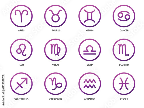 Horoscope elements. zodiac sign icon  sheet, Star signs for astrology horoscope. Astrological calendar collection, horoscope constellation vector illustration. Zodiac symbols for logo or icons.