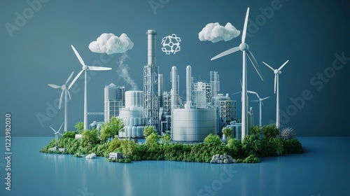 A futuristic 3D icon of eco-friendly factory design, featuring clean energy symbols and a team collaboration overlay. Blue industrial backdrop