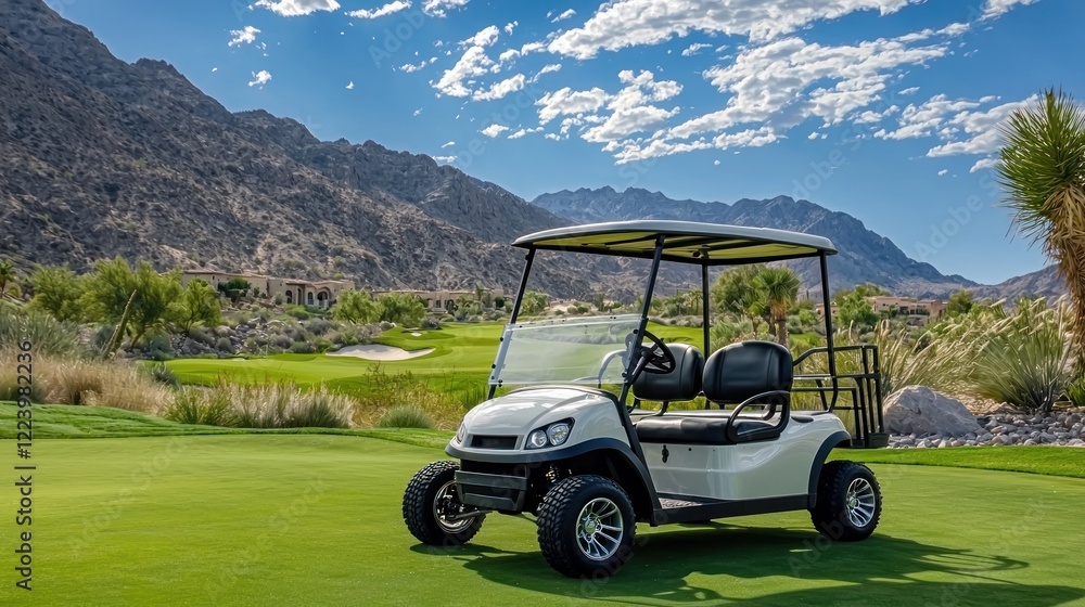 A golf cart parked on the green, with a beautiful golf course in the background.