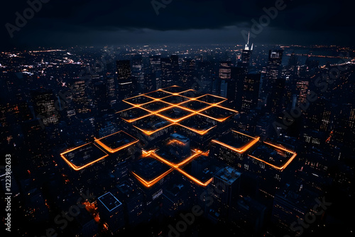 Night city grid, aerial view, urban landscape, future tech photo