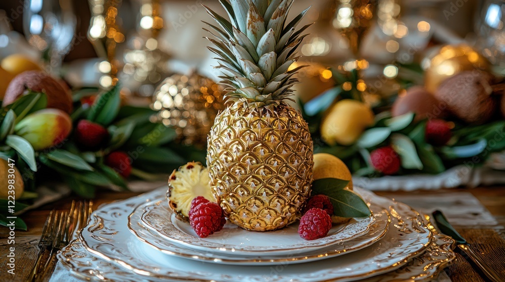 A golden pineapple displayed on a white plate with fresh fruits around it