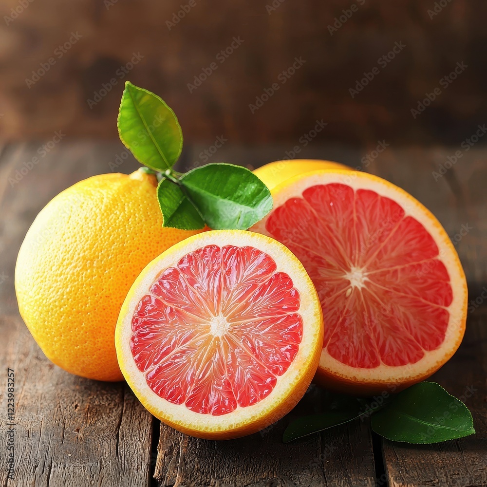 Ripe Grapefruit Halves and Whole Fruit on Rustic Wooden Surface Ripe Grapefruit Halves and Whole Fruit on Rustic Wooden Surface