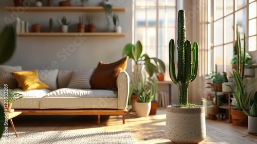 Obraz na płótnie A green cactus in a minimalist pot, surrounded by other plants in a cozy living room.