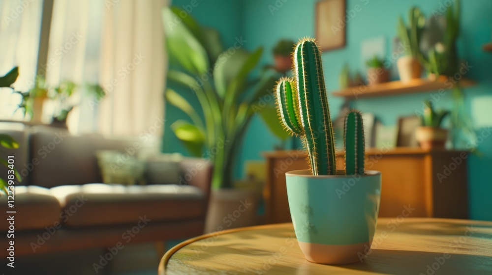 A green cactus in a minimalist pot, surrounded by other plants in a cozy living room.