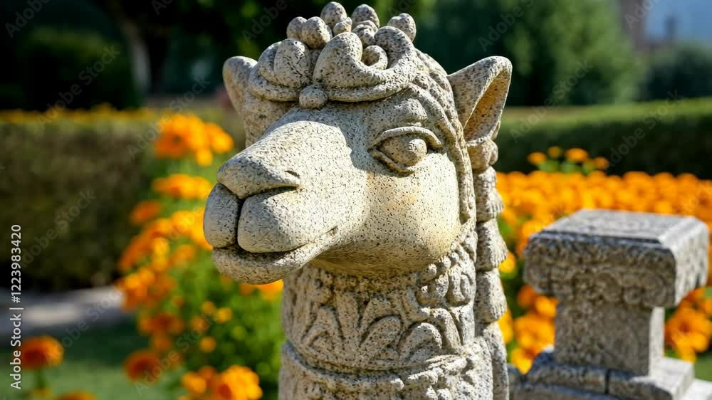 Stone sculpture of a llama surrounded by vibrant flowers in a sunny garden Stone sculpture of a llama surrounded by vibrant flowers in a sunny garden