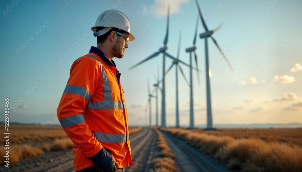 Engineer inspects wind turbines on open field. Man in safety gear observes wind farm in the countryside. Worker looks at windmills at sunset. Alternative eco energy concept. Modern tech innovation. Engineer inspects wind turbines on open field. Man in safety gear observes wind farm in the countryside. Worker looks at windmills at sunset. Alternative eco energy concept. Modern tech innovation.