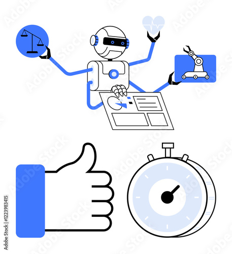 Robot multitasking with tools and symbols of innovation, efficiency, and decision-making. Ideal for AI, productivity, automation, ethics, problem-solving, creativity abstract line flat metaphor