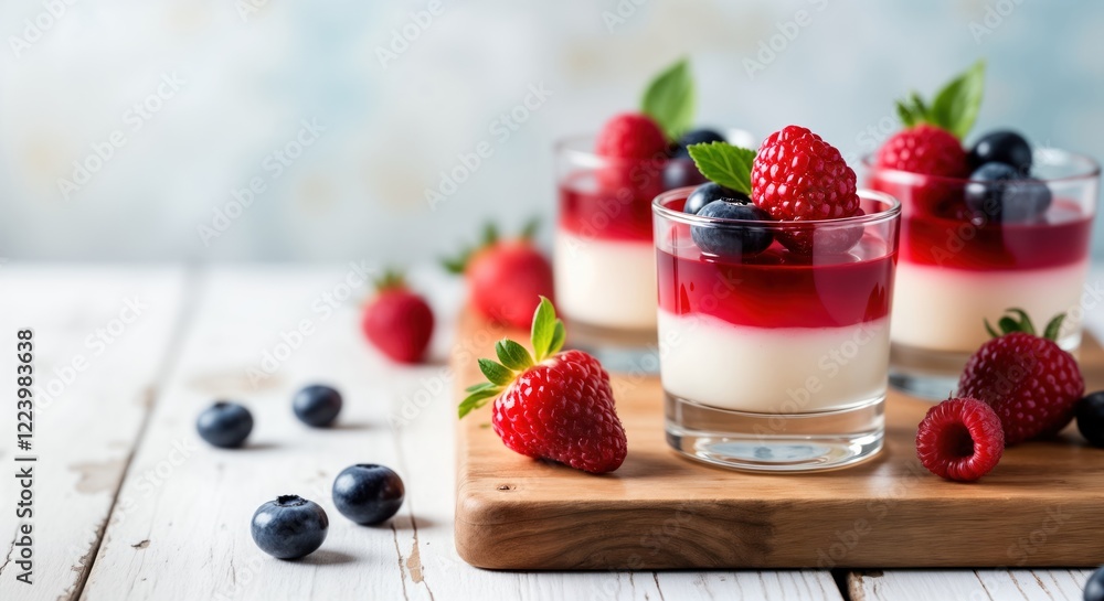 Italian raspberry panna cotta dessert in small glasses. Fresh raspberries blueberries, strawberries decorate sweet dessert. Creamy panna cotta layers with raspberry jelly. Elegant food presentation Italian raspberry panna cotta dessert in small glasses. Fresh raspberries blueberries, strawberries decorate sweet dessert. Creamy panna cotta layers with raspberry jelly. Elegant food presentation