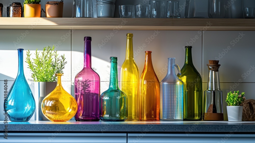 A group of colorful glass bottles arranged neatly on a shelf in a modern kitchen.