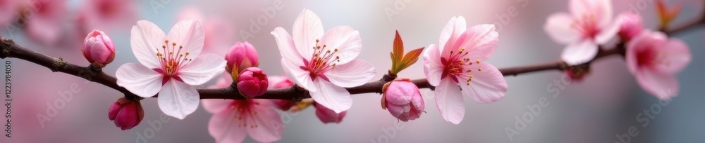 soft pink to white flowers unfolding along the stem, spring, twigs