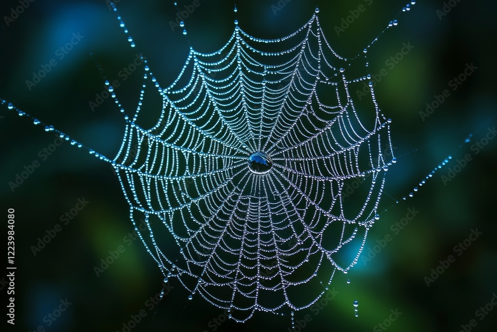 Naklejka premium Sparkling Spiderweb: A Close-Up Glimpse of Dew-Covered Nature's Intricate Creation Reflecting Light and Life