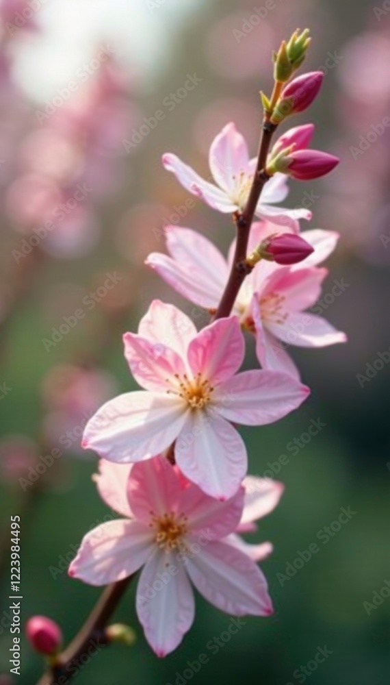 soft pink to white flowers unfolding along the stem, willow, blooms, tree soft pink to white flowers unfolding along the stem, willow, blooms, tree