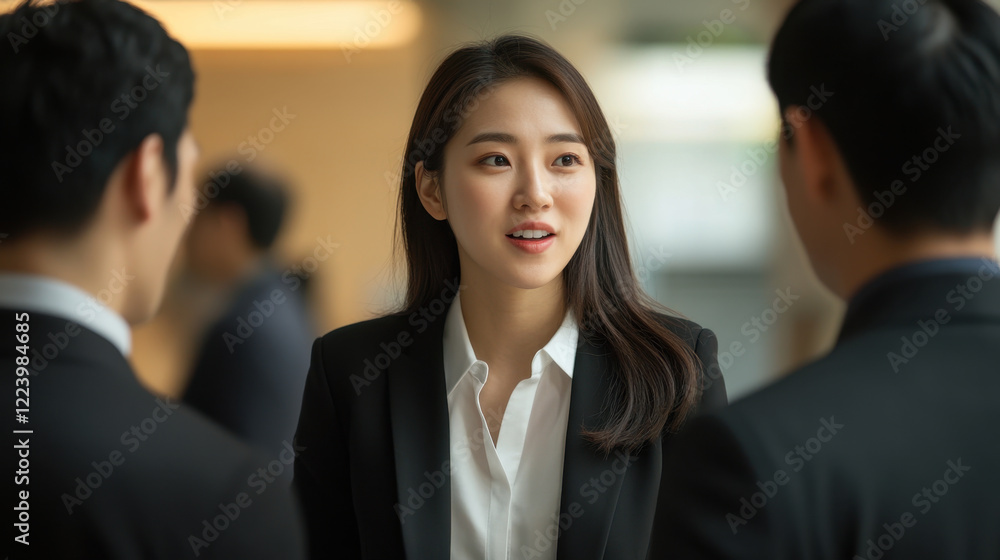 professional Korean woman in black suit engages in conversation with two men in suits, showcasing confident and dynamic business environment professional Korean woman in black suit engages in conversation with two men in suits, showcasing confident and dynamic business environment