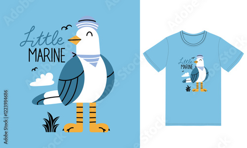 Cute seagull marine illustration with tshirt design premium vector