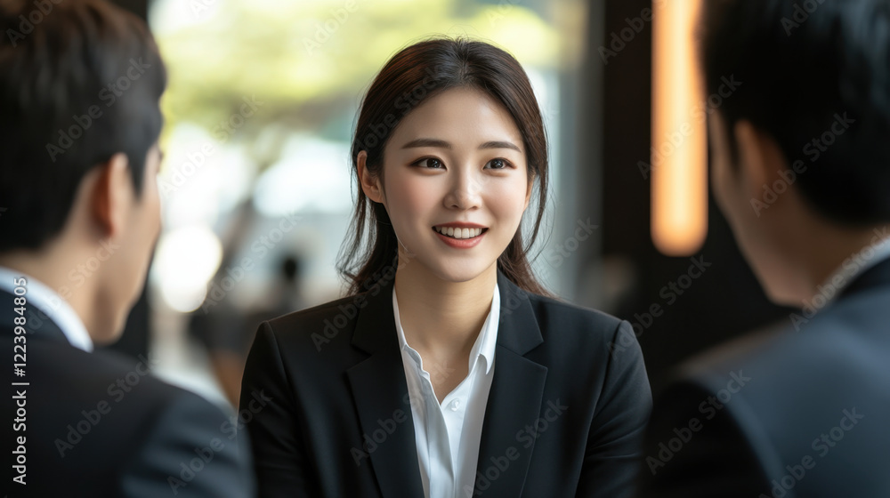 confident Korean woman in black suit engages in conversation with two men, showcasing professionalism and warmth in modern office setting confident Korean woman in black suit engages in conversation with two men, showcasing professionalism and warmth in modern office setting