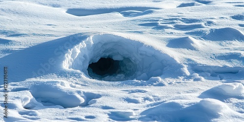 A polar bearâ€™s snow den in the arctic, with a small opening and icy surroundings. photo