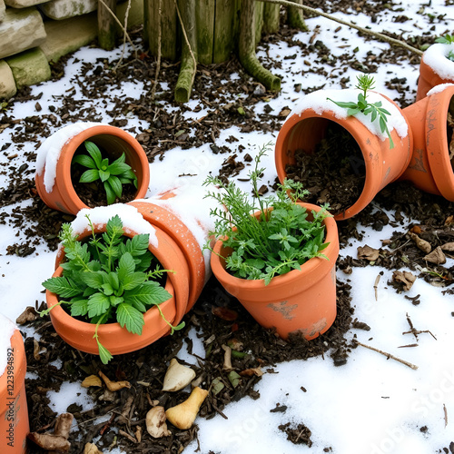 Rustic garden with overturned clay pots covering small herbs, acting as natural frost barriers amidst snowy ground. photo