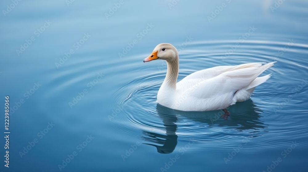 A graceful goose swimming calmly in a clear pond with ripples spreading around.