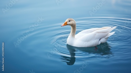 A graceful goose swimming calmly in a clear pond with ripples spreading around.