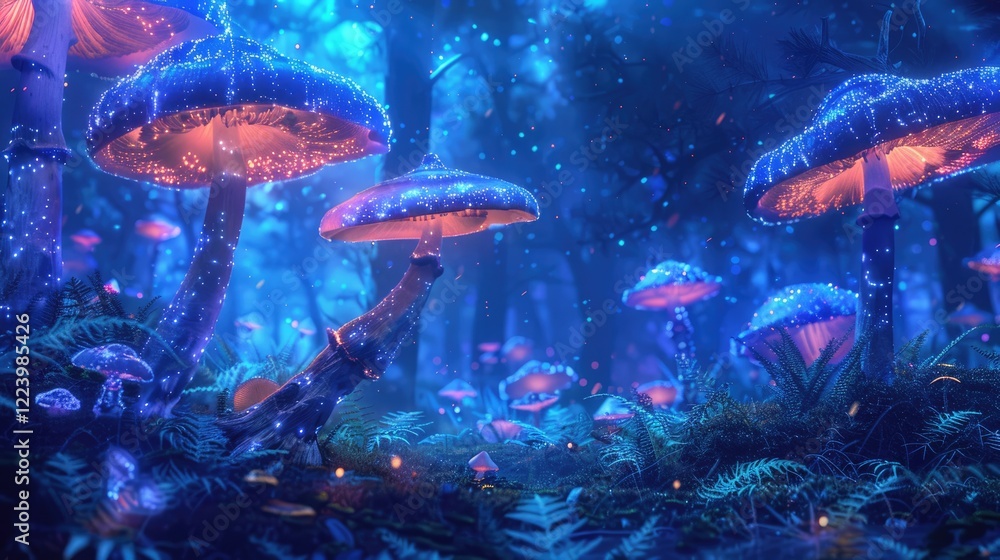 Fototapeta premium a group of glowing mushroom in a fantasy world