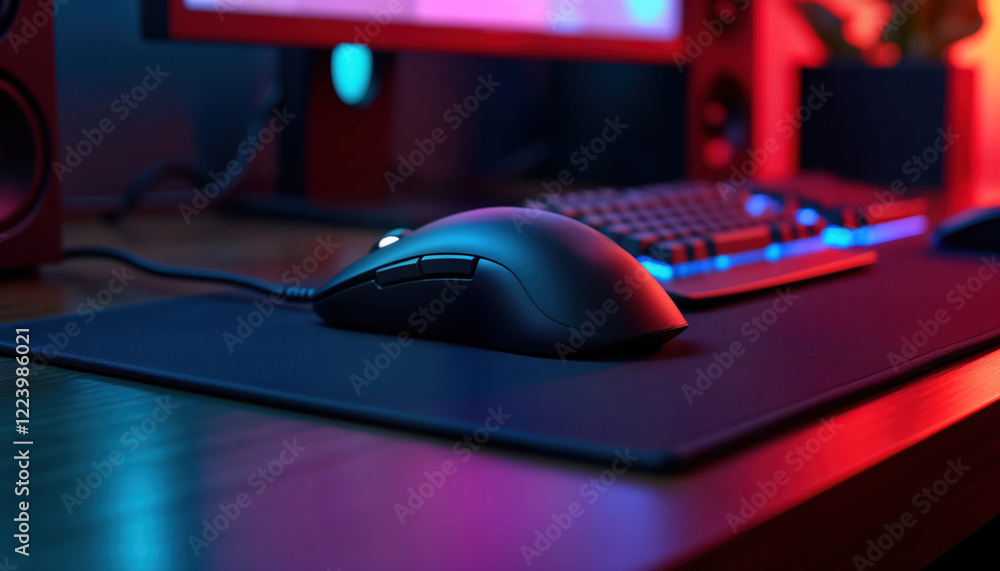 Gaming setup with RGB lighting. Mouse, mousepad on table. Dark room. Tech equipment. Gamer workplace. Computer hardware. Modern accessory. Play, entertainment. Ergonomic design. Pro equipment. Gaming setup with RGB lighting. Mouse, mousepad on table. Dark room. Tech equipment. Gamer workplace. Computer hardware. Modern accessory. Play, entertainment. Ergonomic design. Pro equipment.