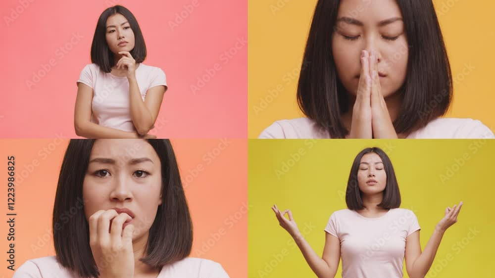 A collage featuring a young Asian woman in various poses and gestures illustrating different emotions. The background colors vary, emphasizing her facial expressions and movements. A collage featuring a young Asian woman in various poses and gestures illustrating different emotions. The background colors vary, emphasizing her facial expressions and movements.
