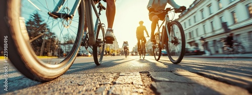 Bicyclists Riding on City Street at Sunset with Warm Light and Beautiful Shadows on Pavement