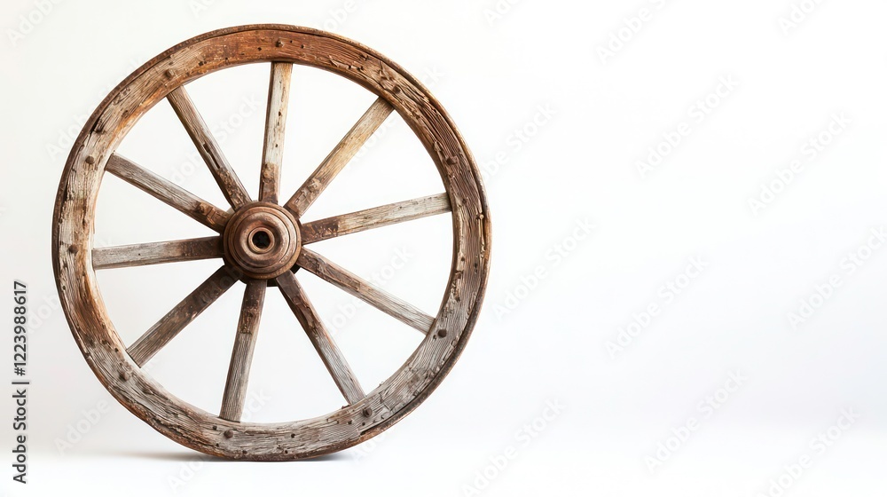 A solitary antique wooden wagon wheel against a white backdrop, ideal for rustic farmhouse decor, western aesthetics, and nostalgia-filled vintage collections, celebrating history and charm. A solitary antique wooden wagon wheel against a white backdrop, ideal for rustic farmhouse decor, western aesthetics, and nostalgia-filled vintage collections, celebrating history and charm.