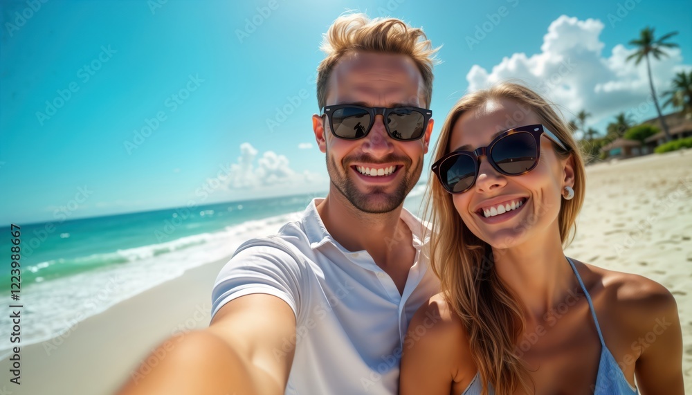 Couple taking selfie on sunny beach. Smiling faces with sunglasses. Ocean waves, clear sky. Perfect summer vacation scenery. Enjoying holiday mood. Couple happy, relaxed. Togetherness, fun. Beautiful Couple taking selfie on sunny beach. Smiling faces with sunglasses. Ocean waves, clear sky. Perfect summer vacation scenery. Enjoying holiday mood. Couple happy, relaxed. Togetherness, fun. Beautiful