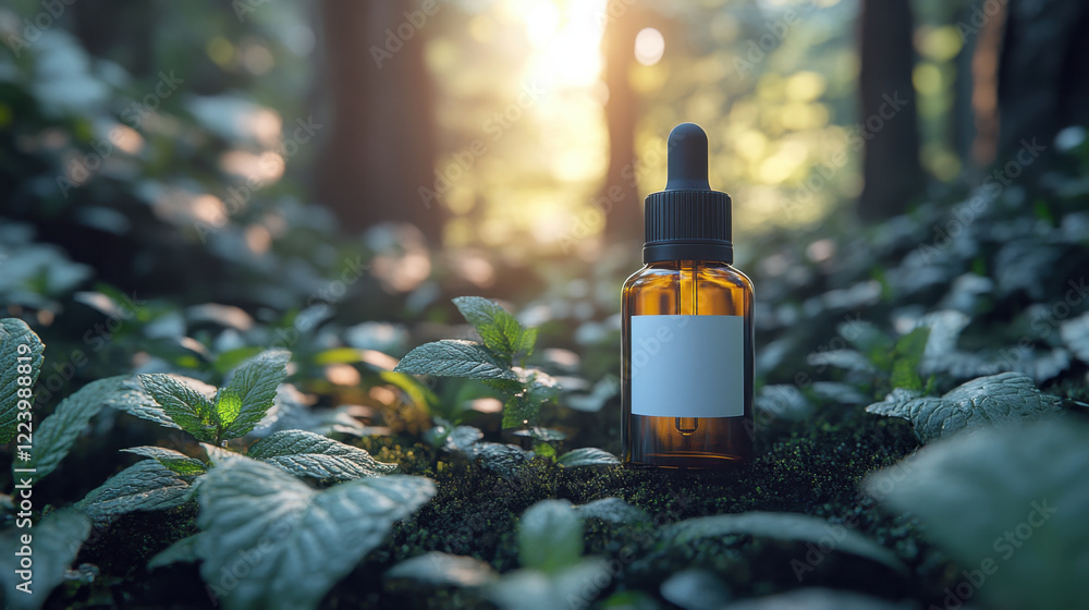 Close up view of amber bottle in forest setting, surrounded by green leaves and soft sunlight. serene atmosphere evokes sense of nature and tranquility Close up view of amber bottle in forest setting, surrounded by green leaves and soft sunlight. serene atmosphere evokes sense of nature and tranquility