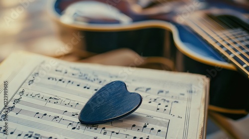 Obraz na płótnie A guitar pick lying on a music sheet with a guitar in the background.