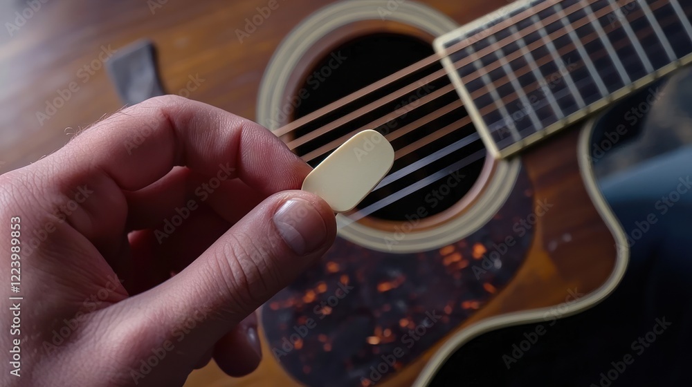 A hand holding a guitar pick, ready to strum the strings of an acoustic guitar.