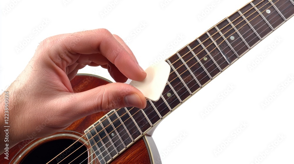 Obraz premium A hand holding a guitar pick, ready to strum the strings of an acoustic guitar.