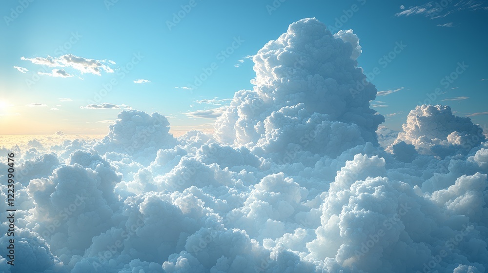 Naklejka premium Aerial view of fluffy clouds at sunset, above a sea of clouds. Perfect for travel or weather reports