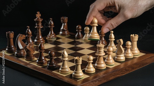 A hand placing a game piece on a chessboard during an intense match.