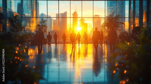Wallpaper Mural Modern Office Interior with People in Motion during Golden Hour Torontodigital.ca