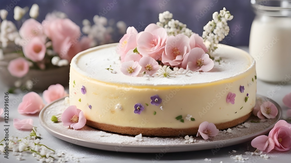 A whimsical and dreamy cheesecake, adorned with delicate flowers and a dusting of powdered sugar. A whimsical and dreamy cheesecake, adorned with delicate flowers and a dusting of powdered sugar.
