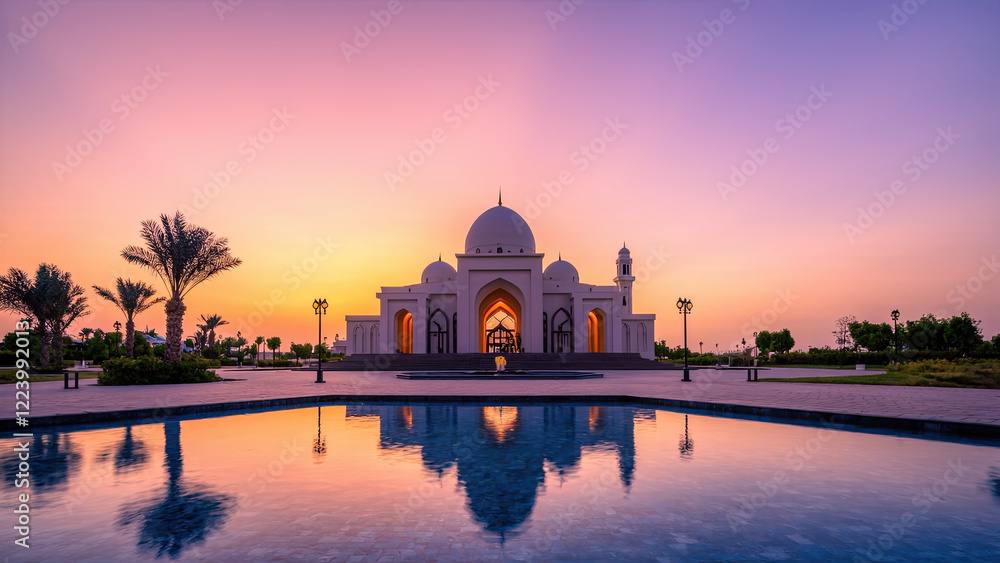Obraz premium Serene sunset view of a grand mosque with reflecting pool. Peaceful landscape, beautiful architecture, golden hour light, palm trees, Middle East. Ideal for travel, religion, and architecture project