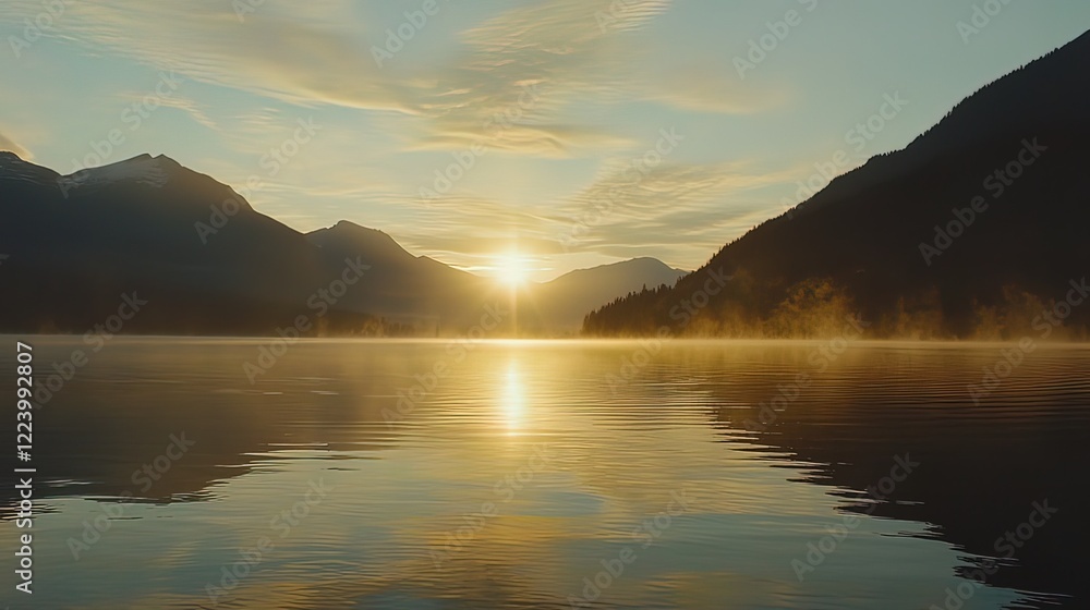 Serene sunrise over a calm lake nestled between majestic mountains, mist rising from the water's surface, reflecting the golden sunlight. Serene sunrise over a calm lake nestled between majestic mountains, mist rising from the water's surface, reflecting the golden sunlight.