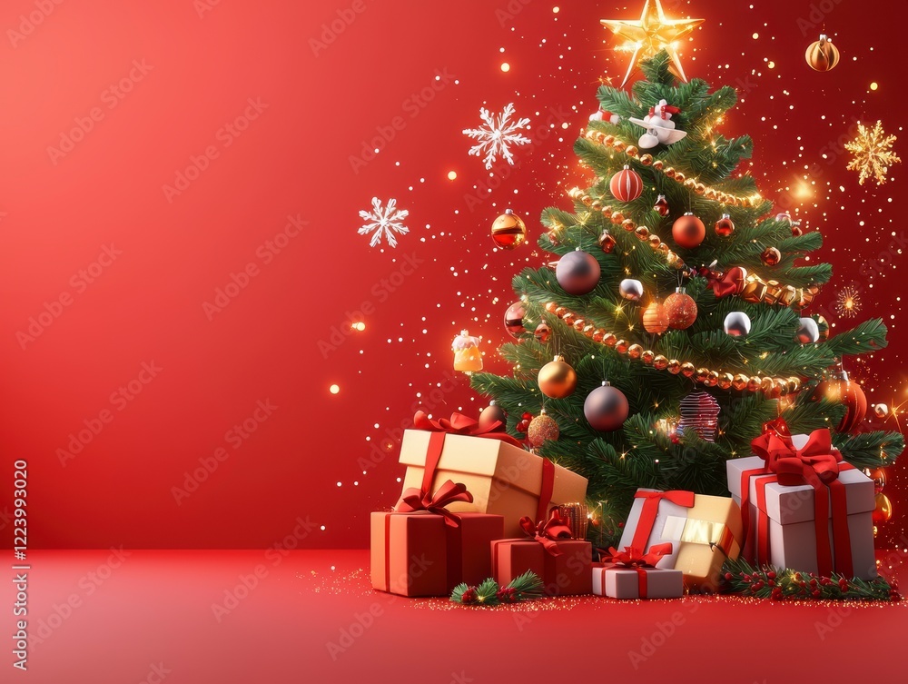 Christmas Tree with Presents and Red Background Christmas Tree with Presents and Red Background