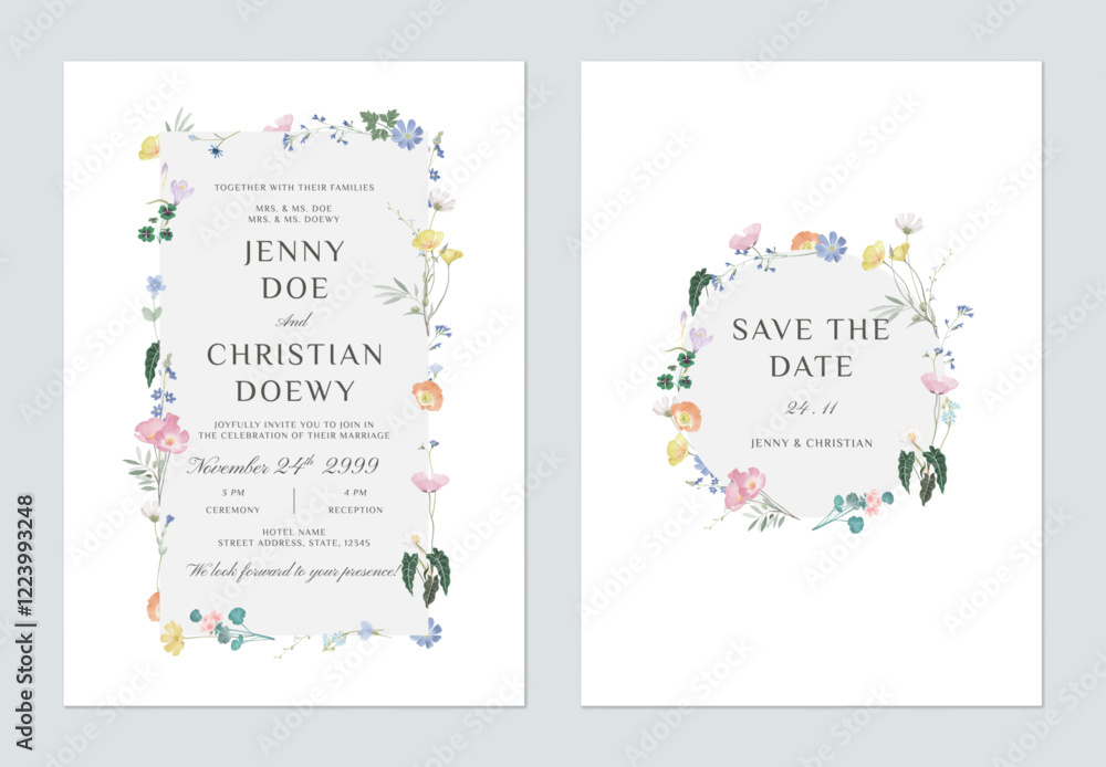 © momosama - wedding invitation and save the date template set of whimsical floral wreath motif on a white background, adding a sense of romance and whimsy
