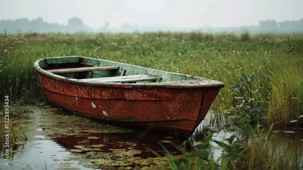Old wooden boat on a still pond, surrounded by tall grass on a misty morning. Old wooden boat on a still pond, surrounded by tall grass on a misty morning.