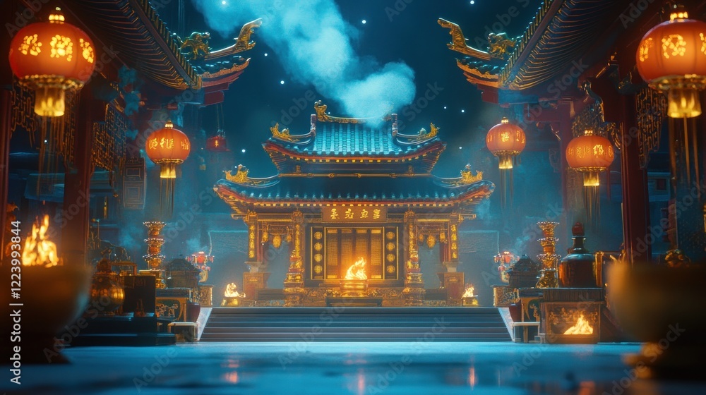 Fototapeta premium Night Temple Ritual, Asian Architecture, Lanterns, Smoke