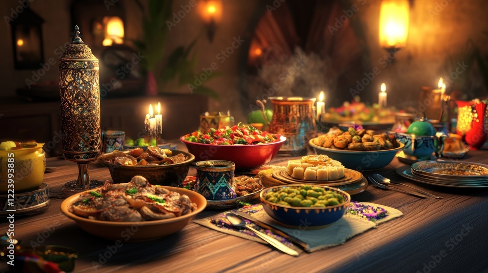 Moroccan feast in a dimly lit, warm dining room Moroccan feast in a dimly lit, warm dining room