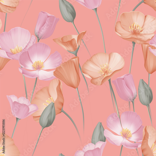 Floral seamless pattern features delicate pink and orange California Poppy fl...