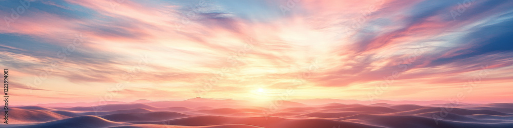 Obraz premium stunning desert landscape at sunrise, featuring vibrant clouds and soft dunes, creating serene and dreamy atmosphere