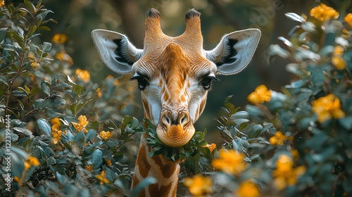 Giraffe eating leaves, yellow flowers background, wildlife safari photo