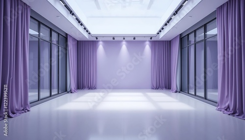 Modern Empty Room with Lavender Curtains and Track Lighting